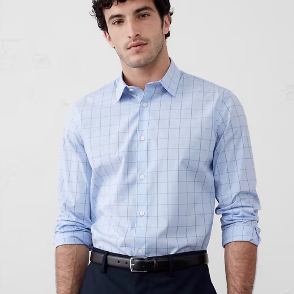 Banana Republic Sky Blue Grid Wrinkle Resistant Athletic Fit Shirt